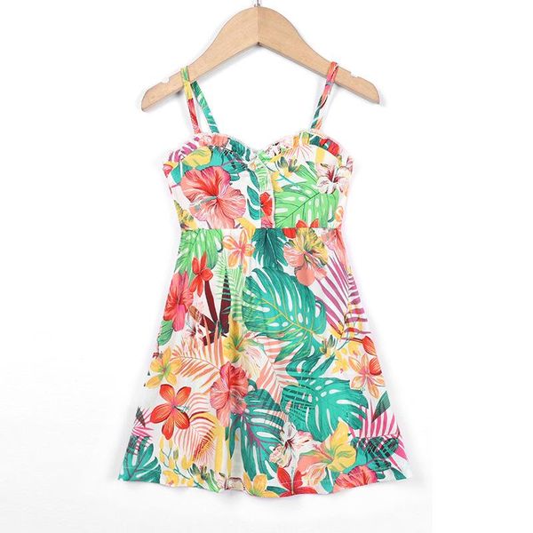 

kids girls green leaf printed dress 2021 summer children princess sling beach ruffle floral sleeless casual 2-7y girl's dresses, Red;yellow