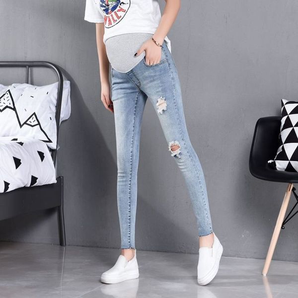 

maternity bottoms 860# ripped hole stretch washed thin denim maternity jeans spring summer pencil pants for pregnant women pregnancy casual, White
