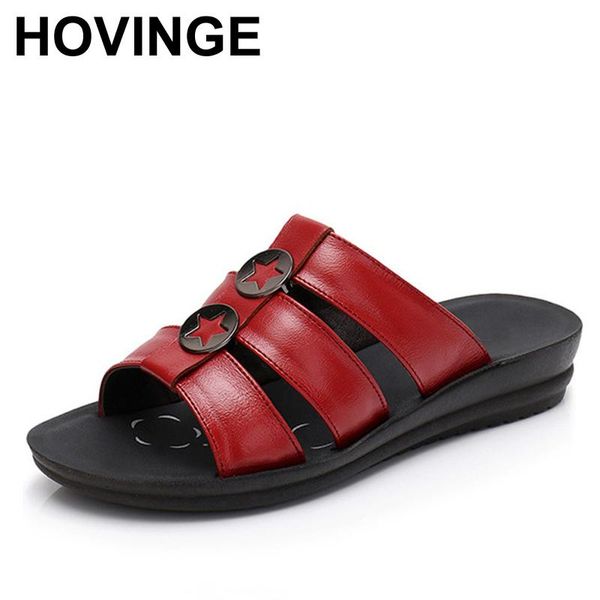 

women summer slippers genuine leather wedges sandals slip-on round toe shoes woman comfortable, Black