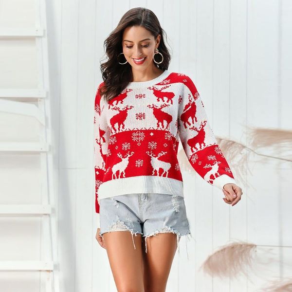 

women's sweaters 2021 womens autumn winte women christmas geometric pattern o-neck long sleeve pullover snowflake sweater, White;black