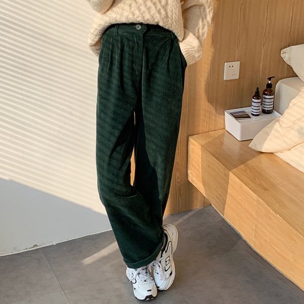 

ol elegant minimalist high waist straight corduroy pants women spring autumn casual wide leg trousers 210421, Black;white