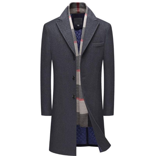 

men's wool & blends mens coat single breasted long trench men winter thick woolen overcoat casual jacket detachable scarf, Black