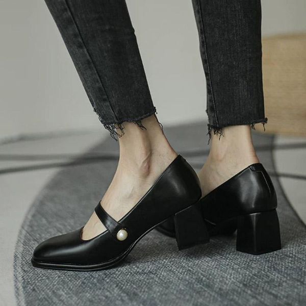 

dress shoes 2021 fashion women's casual pearl solid color square toe ladies soft comfortable buckle vintage high heels, Black