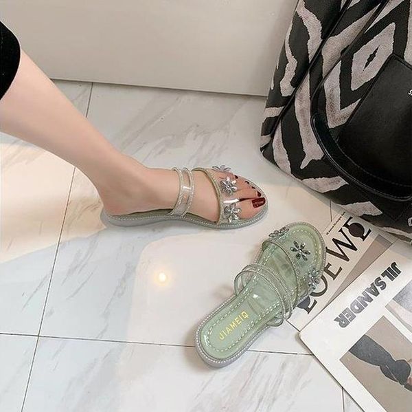 

summer women's slippers sweet vamp flowers embellished with and versatile fashion simple 2021, Black