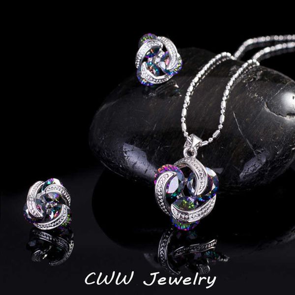 

fashion round cut natural rainbow fire mystic crystal earrings and necklace jewelry sets for women t212 210714, Silver