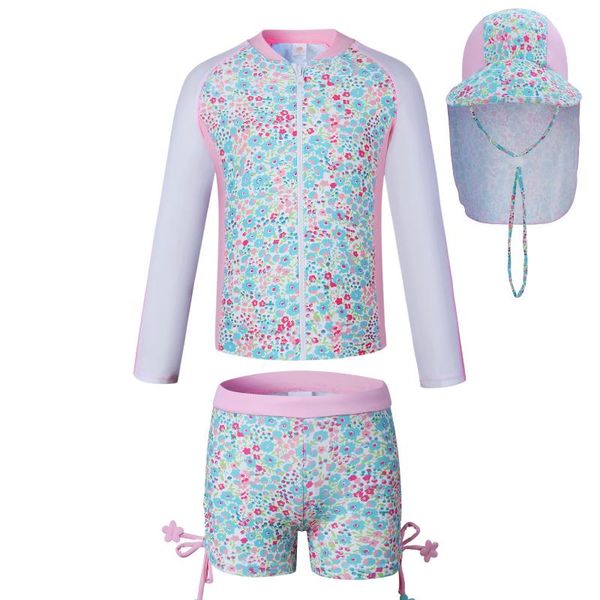 

girls long sleeve swimwear child short surfing suit gril beachwear sunscreen two-piece with hat upf50+ one-pieces, Black