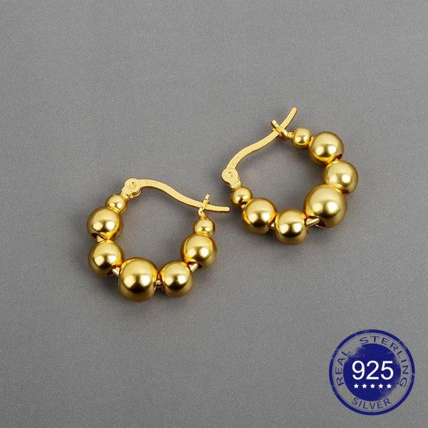 

korean luxury fashion 925 sterling silver studs earrings for women beads geometric hypoallergenic gold plated jewelry stud, Golden;silver