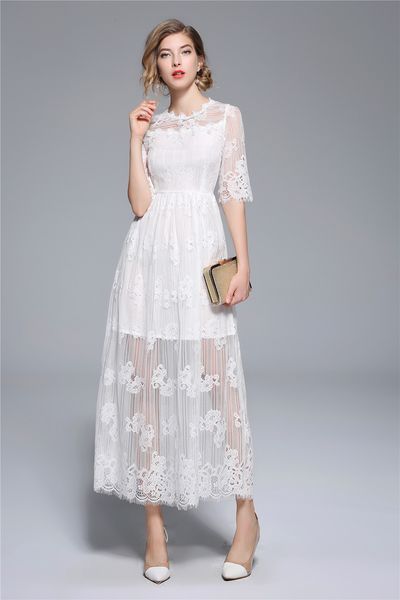 

casual dresses white long lace fashion womens short sleeve o-neck hollow out slim work office party vintage vestido 3ioe, Black;gray