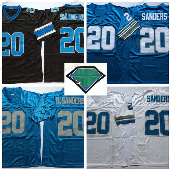 Camisas de futebol masculinas vintage nº 20 Barry Sanders pretas, brancas, azuis, retrô, costuradas, 1994, 75º patch M-XXXL
