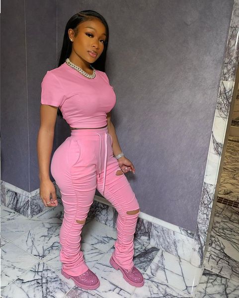 

summer tracksuits two piece set ruched pleated stacked pants women tracksuit matching sets hollow out skinny bodycon club outfits size 2xl, Gray
