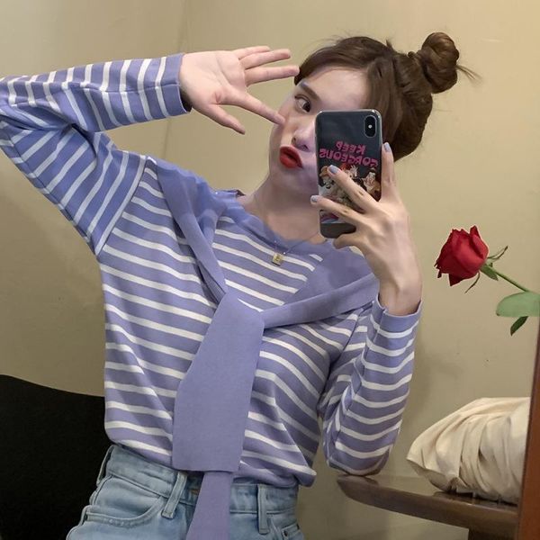 

women's sweaters shawl patchwork striped women knitted blouse round neck long sleeve female blouses autumn fashion casual ladies clothe, White;black