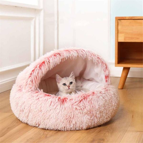 

cat beds & furniture winter long plush pet bed semi-enclosed warm round kitten house puppy nest kennel soft cats cushion sofa mat basket sle