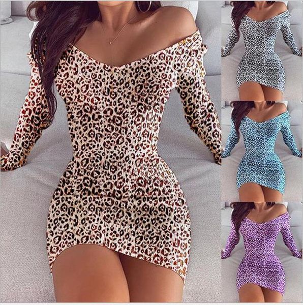

off shoulder leopard print women dress deep v neck long sleeve party bodycon mini pencil dresses, Black;gray