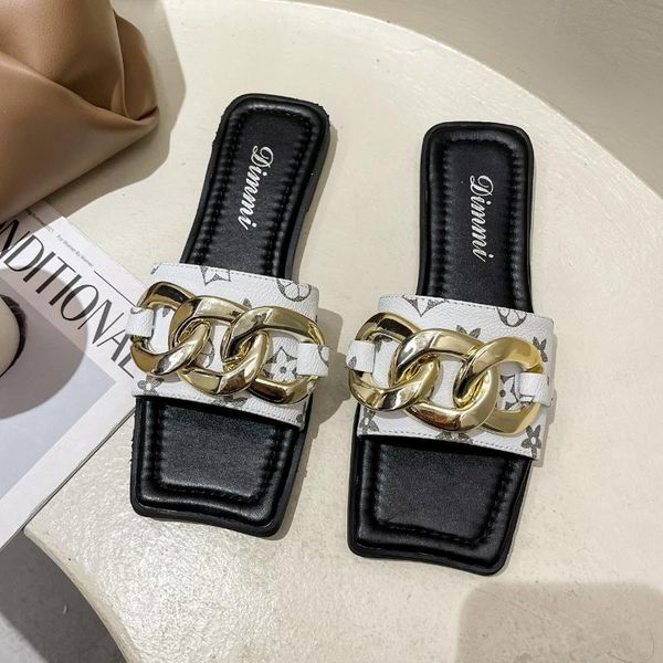 

women flat slippers 2021 summer sandals casual print square toe shoes black white fashion metal chain decoration