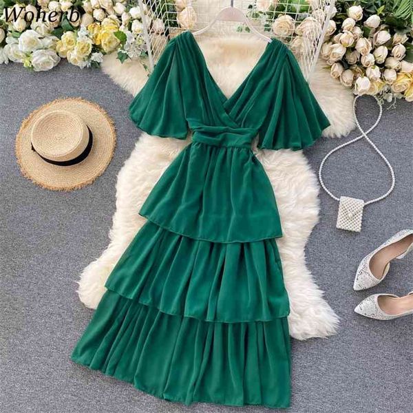 

korean chic ruffle cake dress women summer flare sleeve robe elegant solid party vestidos backless dresses 210519, Black;gray