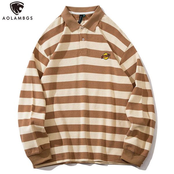 

aolamegs planet letter embroidery striped printed polo shirts men long sleeve tee casual baggy harajuku college style streetwear 210707, White;black