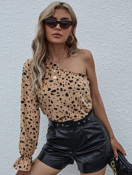 

one shoulder dalmatian print frill trim flounce sleeve z2xh#, White