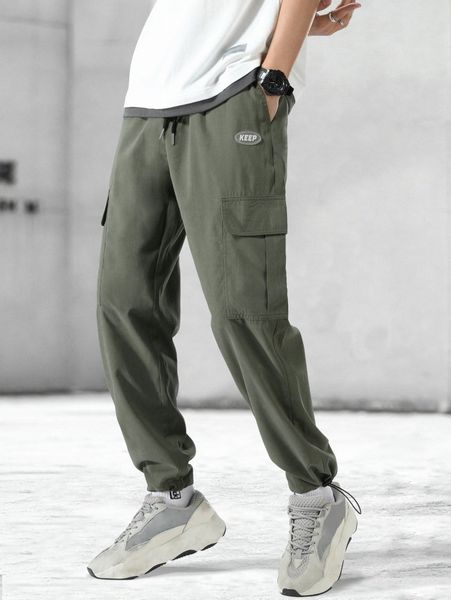 

men letter patch flap pocket drawstring hem cargoÂ pants g5qr#, Black