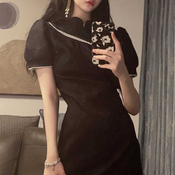 

casual dresses summer vintage cheongsam korean design mini women sweet short sleeve solid female party w39o, Black;gray