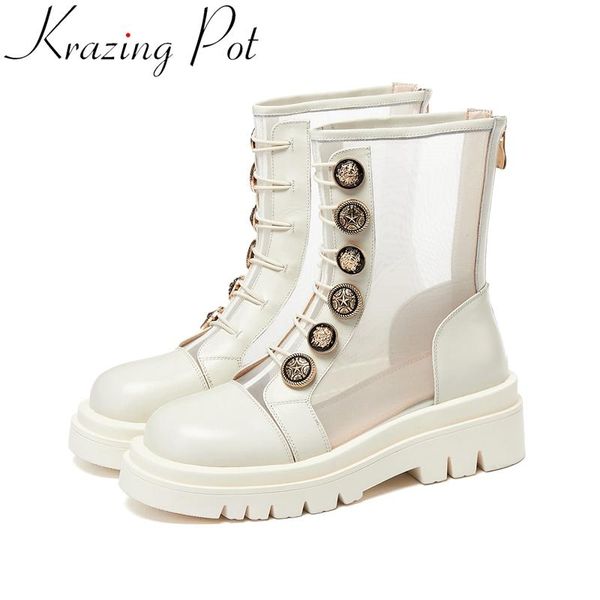 

krazing pot fashion size 40 cow leather air mesh platform mature breathable buttons zipper office lady ankle summer boots l91, Black