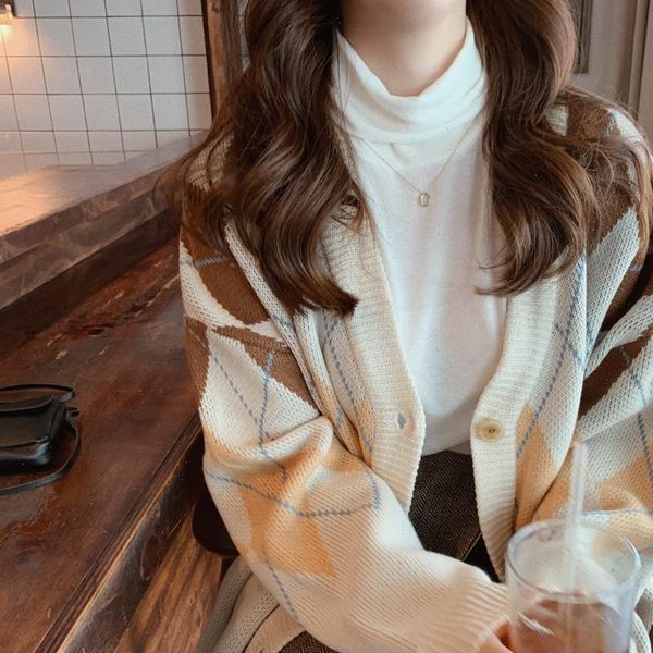 

oversize autumn winter fashion women sweater vintage plaid v neck cardigans single breasted puff sleeve loose cardigan, White;black