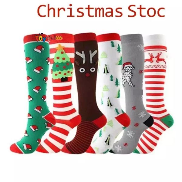 

tik tok 38cm knee high long socks teenages novelty stocking xmas tree santa claus elk raindeer striped winter floor sock party decor gif soc, Pink;yellow