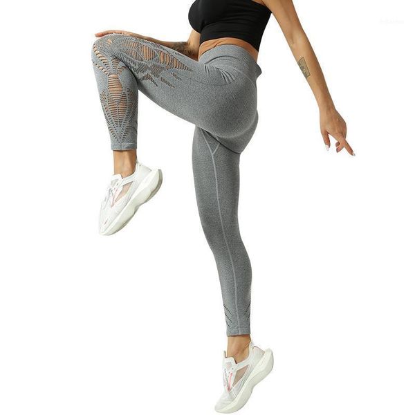 Calças de esporte das mulheres cinzentas cintura alta cintura escavada de cor sólida cangings moda casual esticamento movimentando seqüestros yoga running wear