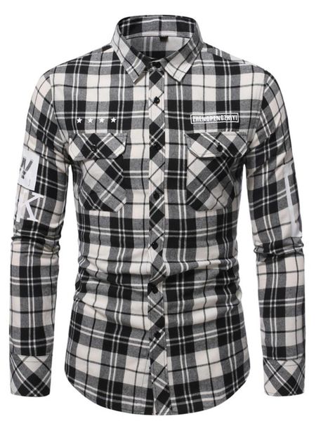 

men's casual shirts autumn and winter long-sleeved shirt flannel brushed printed plaid for men, White;black