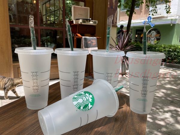 

starbucks 24oz/710ml plastic mug,reusable clear drinking flat bottom pillar shape straw bardian color changing flash cup, 50 pcs 1