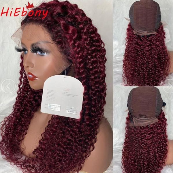 

hiebony #99j preplucked remy human hair lace front wigs burgundy jerry curly 180% density 13x4 frontal with baby hair1, Black;brown
