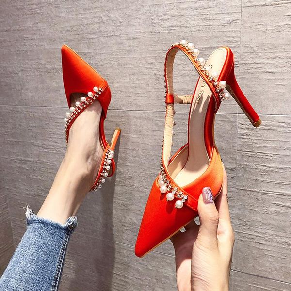 

dress shoes women's shoe autumn 2021 style fashion one word belt silks and satins water drill set high-heeled, Black