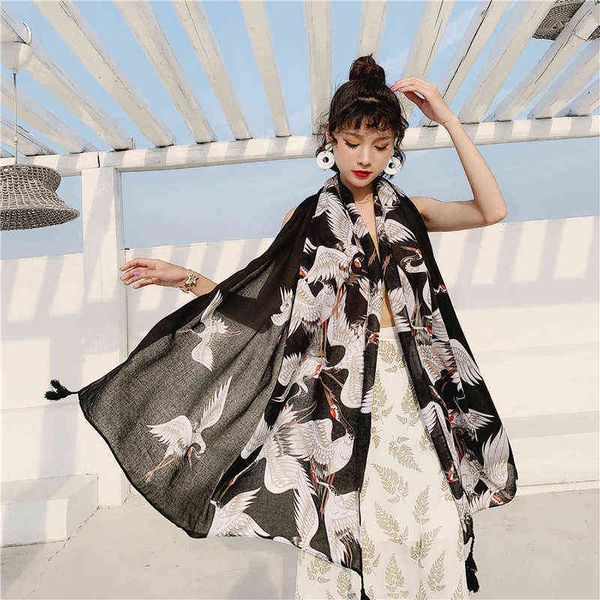

spring and summer new arrival casual trend comfortable light scarf sunscreen beach crane print big wild scarf y1108, Blue;gray