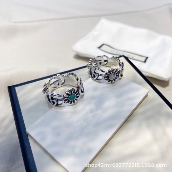 

design jewelry ancient daisy turquoise carved old couple pair ring flower trend ring, Silver