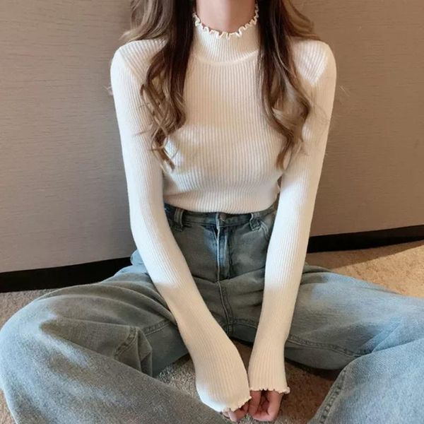 

women's sweaters autumn and winter 2021 korean long sleeve knitted sweater for women, slim, frilly half high collar bottom coat tempera, White;black
