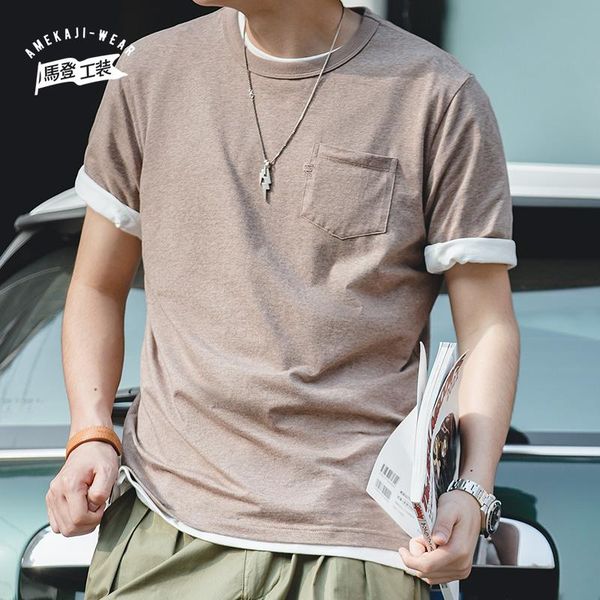 

men's t shirts maden thick fabric t-shirt men solid color layered chest pocket tshirt melange vintage short sleeve cotton top, White;black