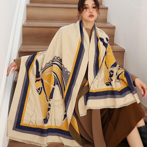 

scarves 2021 winter scarf women horse print cashmere warm pashmina foulard lady thick soft shawls wraps blanket1, Blue;gray