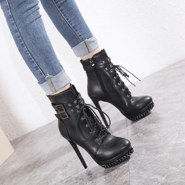 

boots women's autumn winter shoes fashion cross tied platform ankle 13cm ultra high heels round toe botas, Black