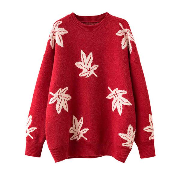 

red apricot maple leaf knitted sweater o neck long sleeve loose pullovers autumn winter m0215 210514, White;black