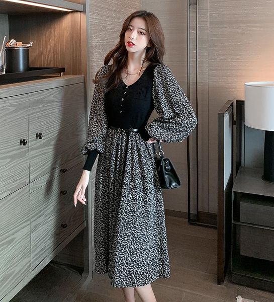 

fashion women's dress 2021 gentle wind floral knitted waist casual dresses, Black;gray