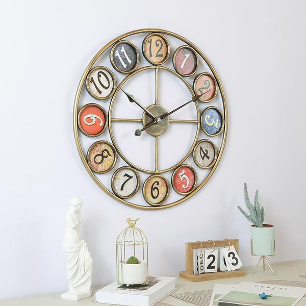 

wall clocks european retro digital wrought iron round creative home living room bar salon decoration relojes de pared
