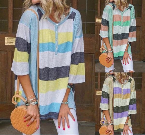 

women bohemian beach half sleeve o neck button striped casual t shirt top, White