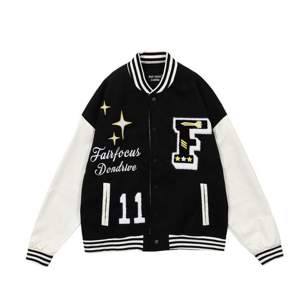 

men's jackets hip hop anmie girl embroidery varsity men women patchwork color block pu leather baseball coats 2021fw streetwear, Black;brown