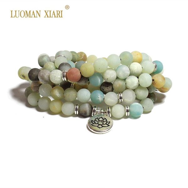 

charm bracelets wholesale buddhism bracelet natural matte amazonite beads with lotus buddha 108 necklace for women men bring good luck, Golden;silver
