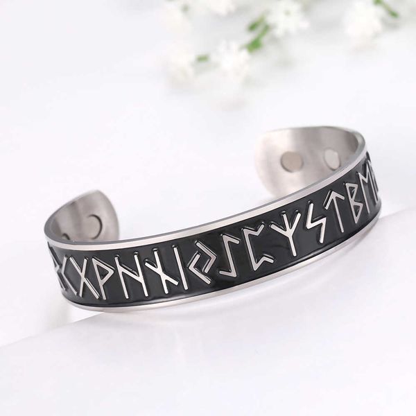 

skyrim stainless steel nordic runes viking cuff bangle wicca amulet vintage health magnetic bracelet jewelry gift for men women q0719, Black