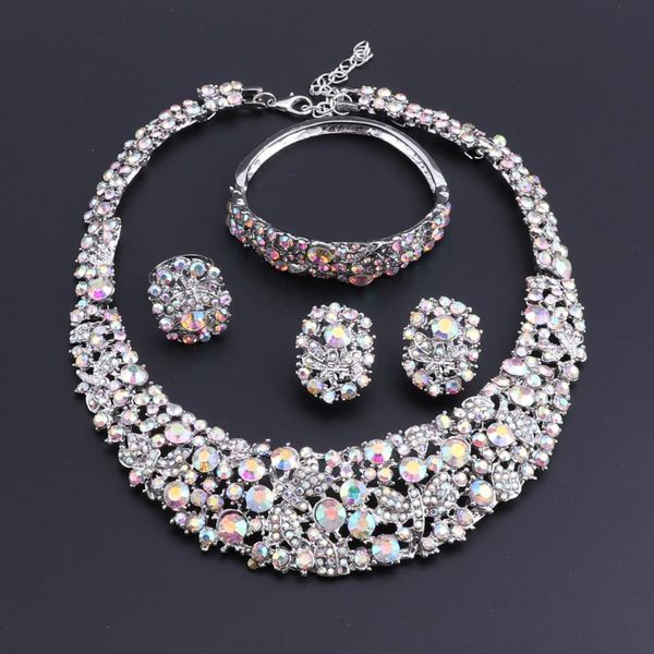 

earrings & necklace oeoeos african beads jewelry sets for women ab color crystal bracelet silver plated wedding dress accessories