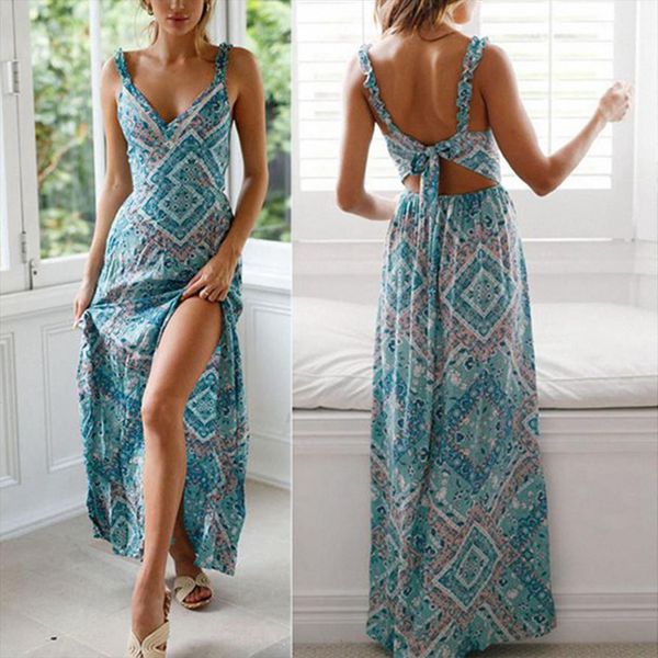 

backless bandage maxi women dress summer v neck spaghetti strap printed long beach dresses holiday sundress, Black;gray