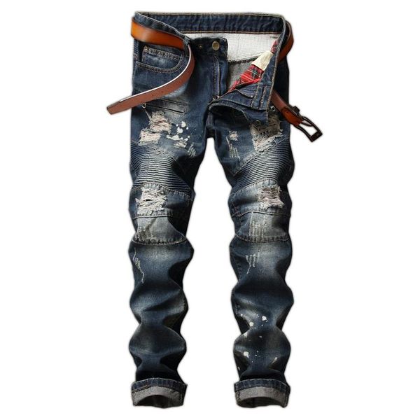 

men's jeans ripped denim pants fashion casual loose trousers, Blue