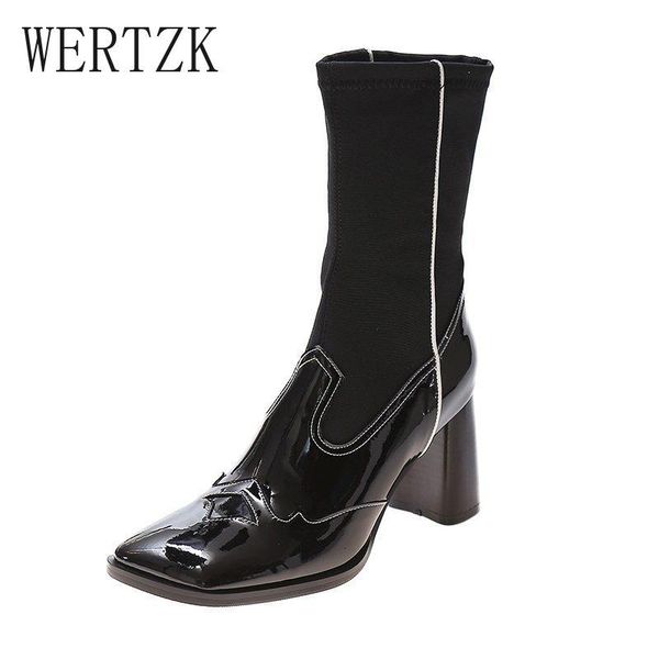 

boots buono scarpe retro women ankle pu leather high heel shoes patchwork elastic socks for 2021, Black