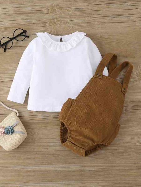 

baby ruffle trim tee & crisscross back corduroy bodysuit she, White