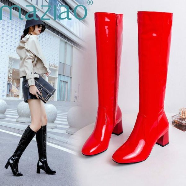 

boots patent leather zip high heels shoes woman knee autumn winter square toe large size 34-45 maziao1, Black
